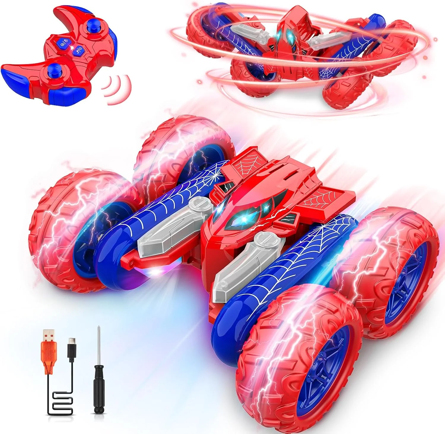 اسباب بازی ماشین کنترلی عنکبوتی: ماشین های کنترلی دو طرفه، اسباب بازی فضای باز برای پسران 3، 4، 5، 6، 7، 8، 9 و 10 ساله، ماشین آفرودی شارژی با چراغ، چرخش 360 درجه، هدیه 4WD برای سنین 6-8-13