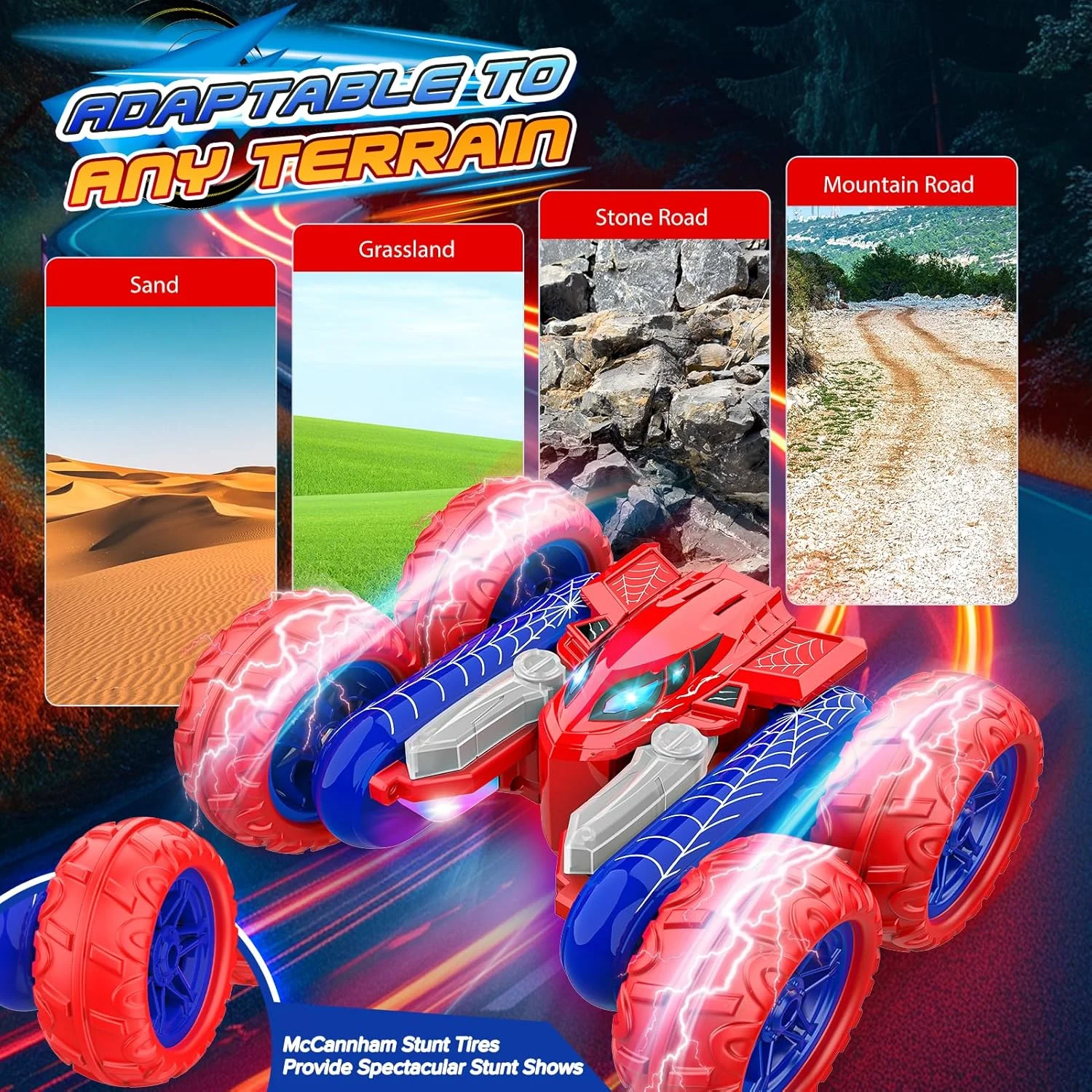 اسباب بازی ماشین کنترلی عنکبوتی: ماشین های کنترلی دو طرفه، اسباب بازی فضای باز برای پسران 3، 4، 5، 6، 7، 8، 9 و 10 ساله، ماشین آفرودی شارژی با چراغ، چرخش 360 درجه، هدیه 4WD برای سنین 6-8-13