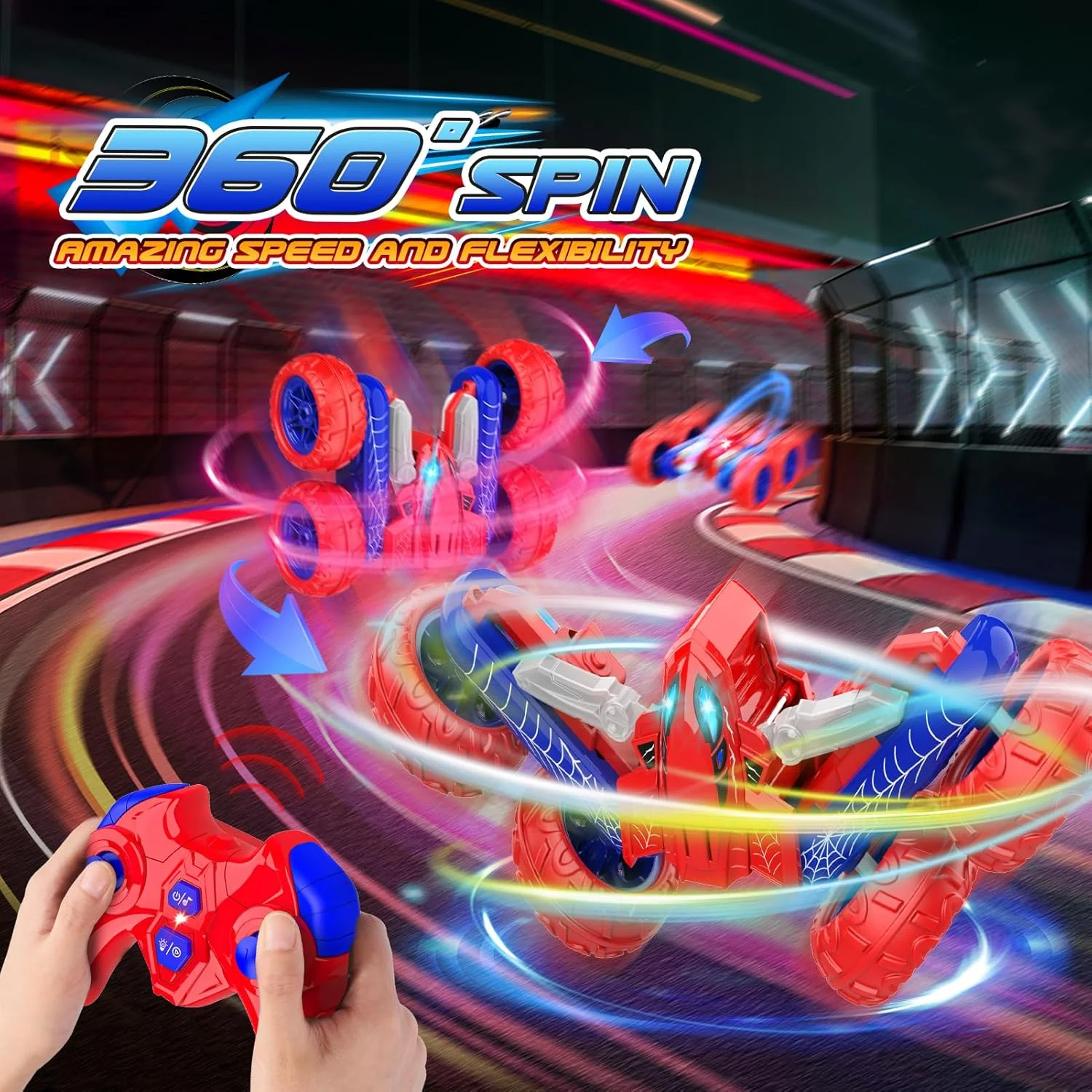 اسباب بازی ماشین کنترلی عنکبوتی: ماشین های کنترلی دو طرفه، اسباب بازی فضای باز برای پسران 3، 4، 5، 6، 7، 8، 9 و 10 ساله، ماشین آفرودی شارژی با چراغ، چرخش 360 درجه، هدیه 4WD برای سنین 6-8-13