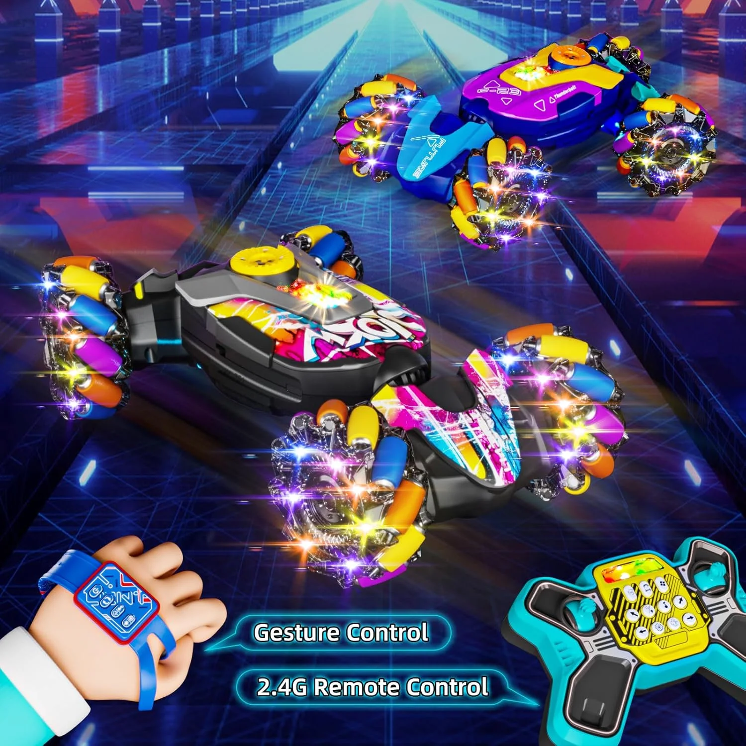 ماشین کنترلی، ماشین بدلکاری RC با حسگر حرکتی 4WD، چرخش 360 درجه، ماشین های پیچشی RC 2.4 گیگاهرتزی با چراغ و موسیقی، اسباب بازی ماشین برای کودکان پسر در سنین 4 5 6 7 8 9 10 11 12 سال