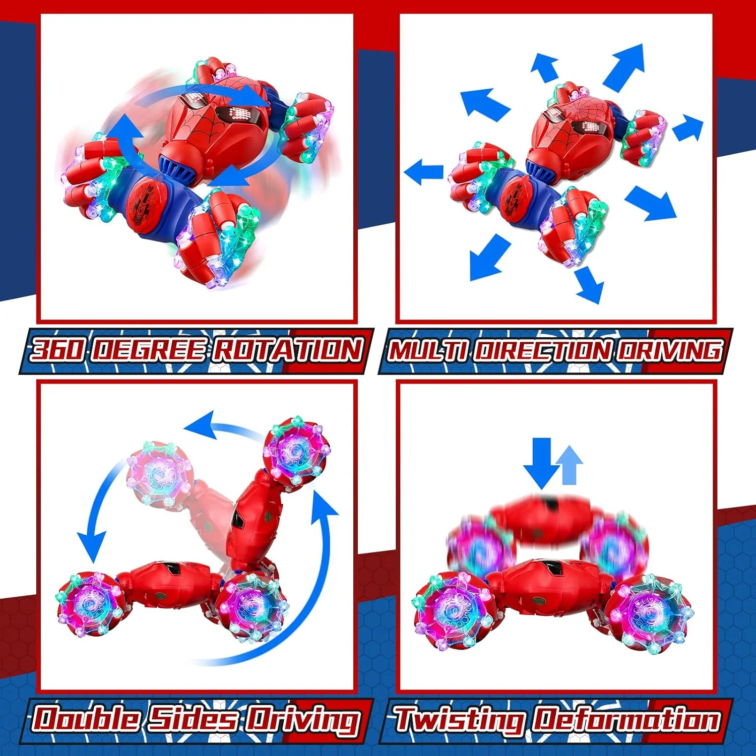 ماشین اسباب بازی بدلکاری کنترلی با حسگر حرکتی برای پسران 6 تا 12 سال، ماشین های کنترلی از راه دور 4WD دریفت با کنترل دستی با نور و موسیقی، چرخش 360 درجه ماشین های دو طرفه آفرود هدیه برای کودکان 7 8 9 10 11 ساله