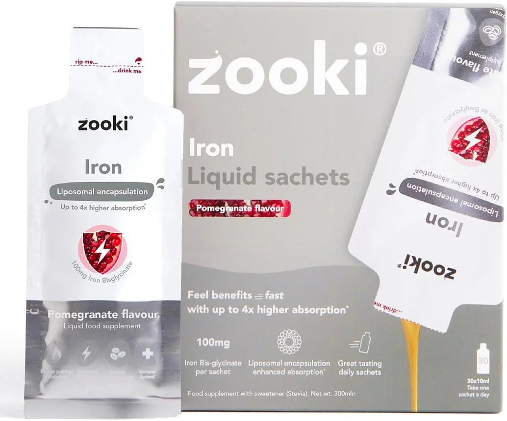 ساشه های مایع آهن بیس گلیسینات لیپوزومال ۱۰۰ میلی گرمی زوکی | جذب ۴ برابر بیشتر | مواد طبیعی | (طعم انار، ۳۰ سروینگ)