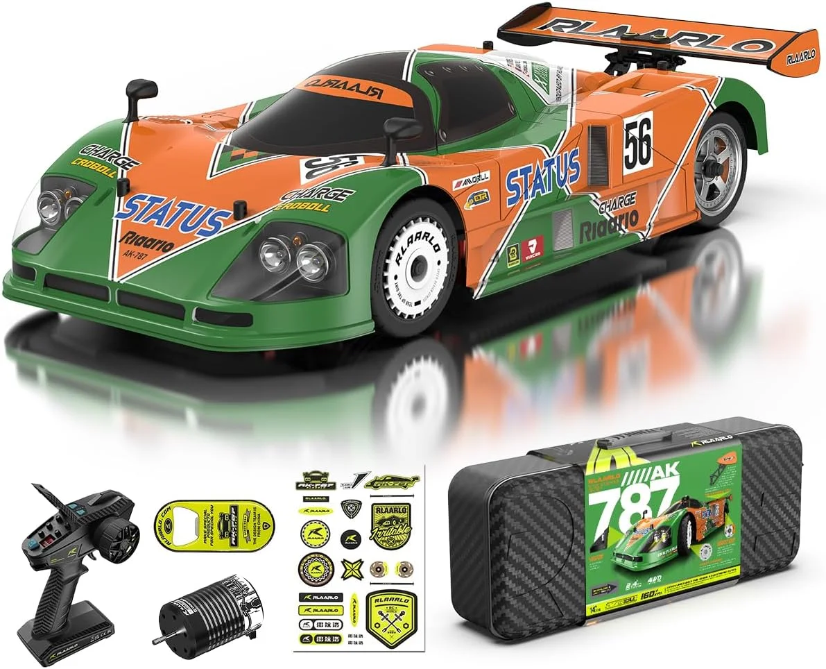 ماشین کنترلی بزرگ و پرسرعت AMORIL 1/10 AK-787 با موتور براشلس، شاسی فیبر کربن، میل محرک فولادی CNC، چراغ ترمز، چرخ آلومینیومی، برد 150 متر، سبز