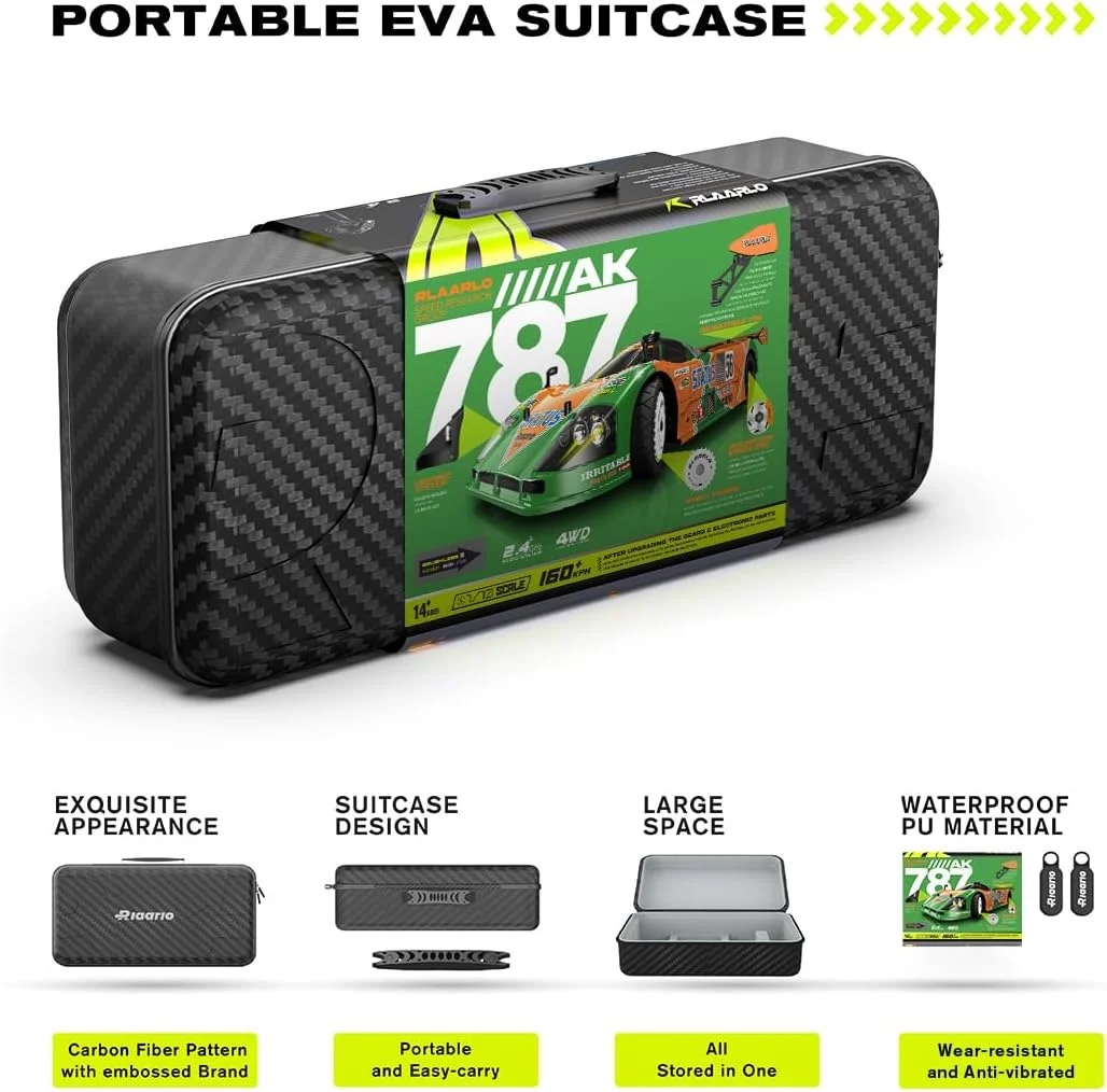 ماشین کنترلی بزرگ و پرسرعت AMORIL 1/10 AK-787 با موتور براشلس، شاسی فیبر کربن، میل محرک فولادی CNC، چراغ ترمز، چرخ آلومینیومی، برد 150 متر، سبز