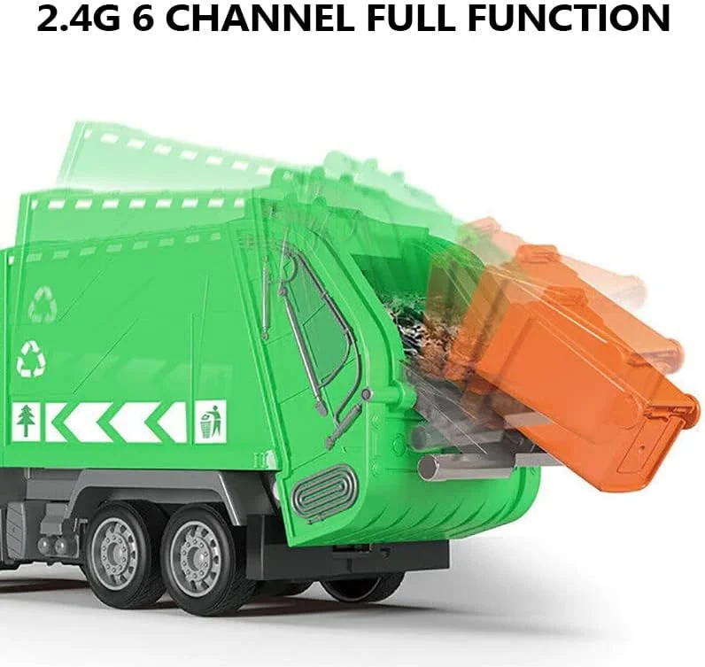 اسباب بازی کامیون زباله RC 2.4G با چراغ - کامیون زباله مدیریت پسماند کنترل از راه دور 6 کاناله با 2 باتری قابل شارژ، اسباب بازی های بازیافتی زباله برای کودکان، هدیه عالی برای پسران و دختران 3-8 ساله