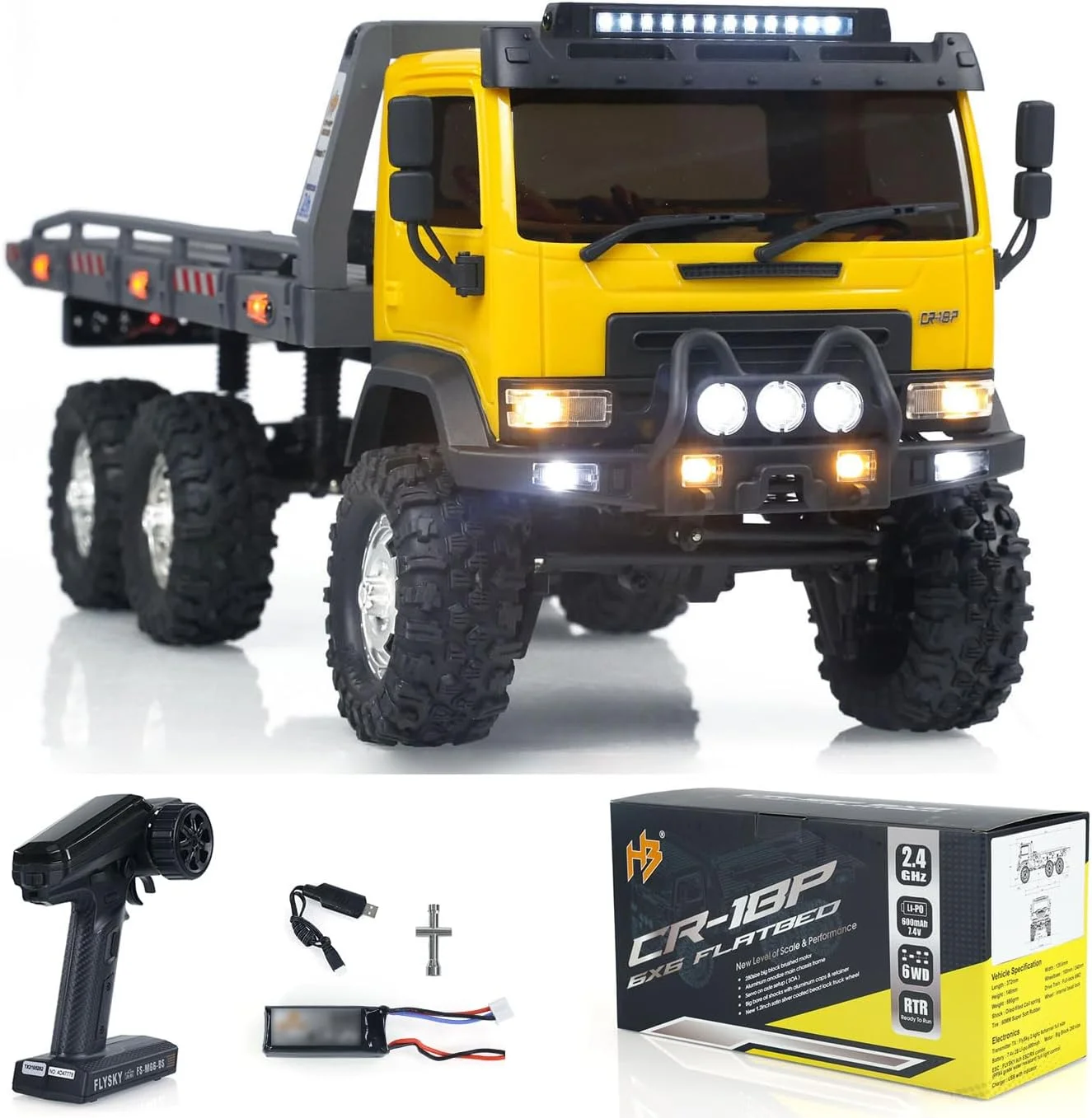 کامیون تخت 6x6 CR18P مقیاس 1/18 RTR RC صخره نورد آفرود، مدل سرگرمی با چراغ، موتور و سروو (زرد)