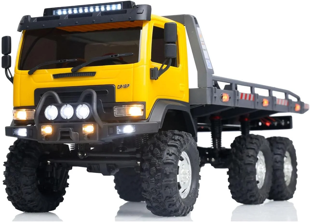 کامیون تخت 6x6 CR18P مقیاس 1/18 RTR RC صخره نورد آفرود، مدل سرگرمی با چراغ، موتور و سروو (زرد)