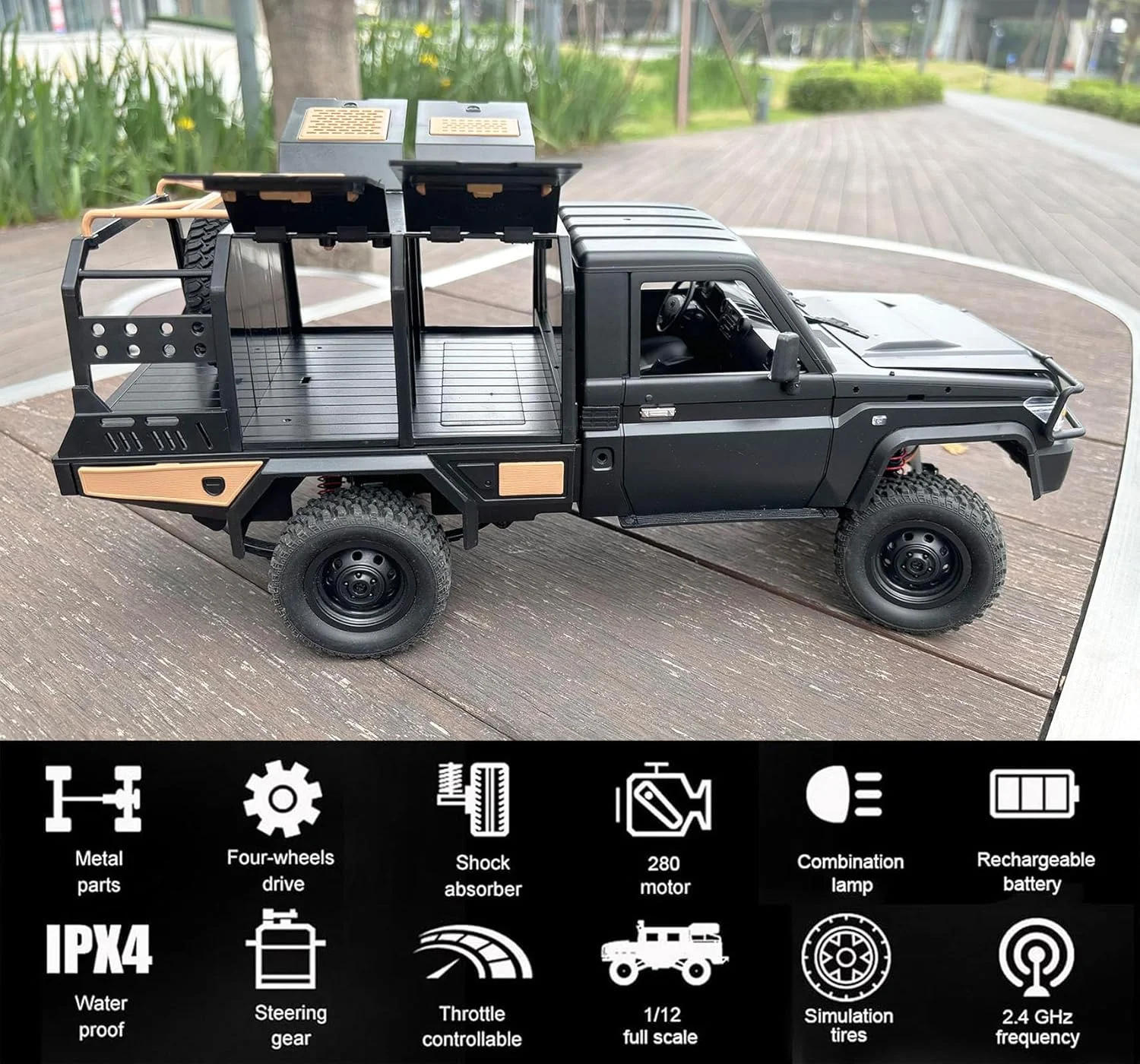 ماشین کنترلی صخره نورد، کامیون آرسی 4x4 مقیاس 1/12، کنترل از راه دور MN82S تویوتا لندکروزر، خودروی آفرود، دریچه گاز متناسب با تمام سطوح، موتور 280، شاسی ارتقا یافته