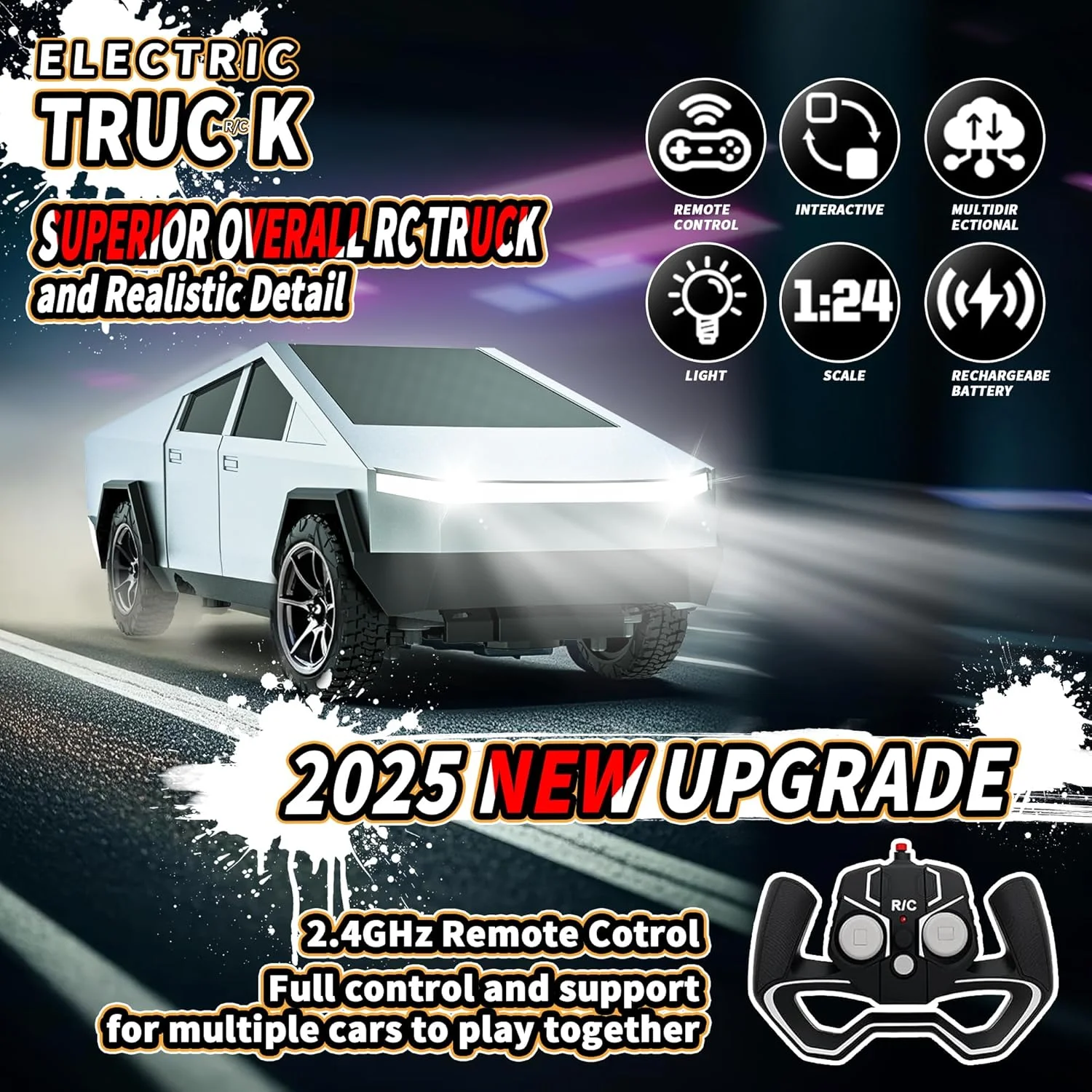 ماشین اسباب بازی کامیون کنترلی، ماشین اسباب بازی کامیون آفرود 2.4 گیگاهرتزی با عمر باتری طولانی و جلوه های نوری، هدیه برای کودکان 3 4 5 6 7 سال به بالا، پسران و دختران