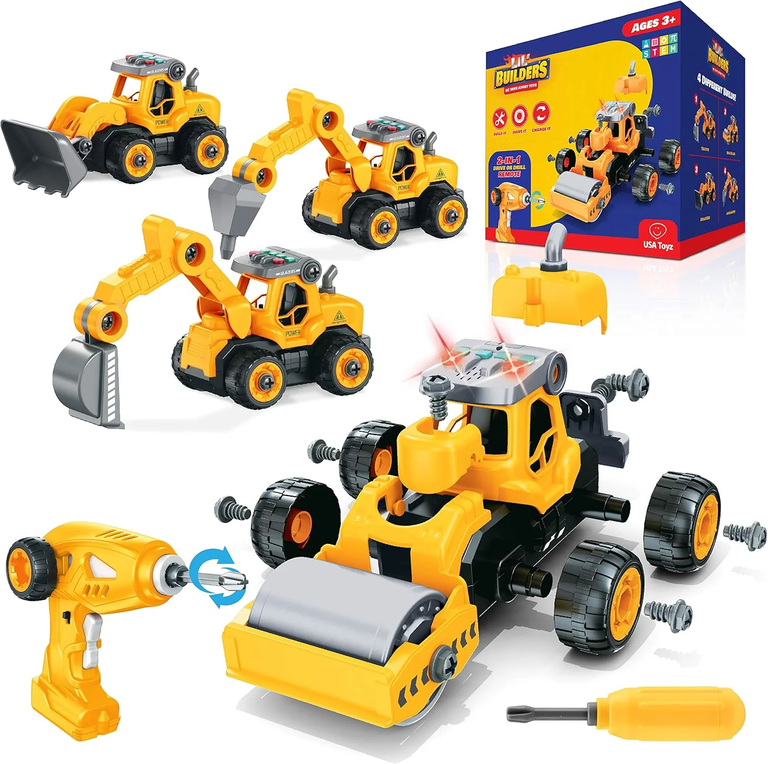 اسباب بازی ساختنی USA Toyz Lil Builders - کامیون 4 در 1 با دریل، 34 قطعه اسباب بازی ساخت وسایل نقلیه STEM با کنترل از راه دور