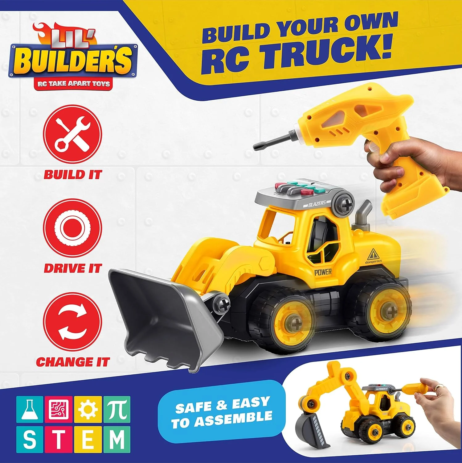 اسباب بازی ساختنی USA Toyz Lil Builders - کامیون 4 در 1 با دریل، 34 قطعه اسباب بازی ساخت وسایل نقلیه STEM با کنترل از راه دور