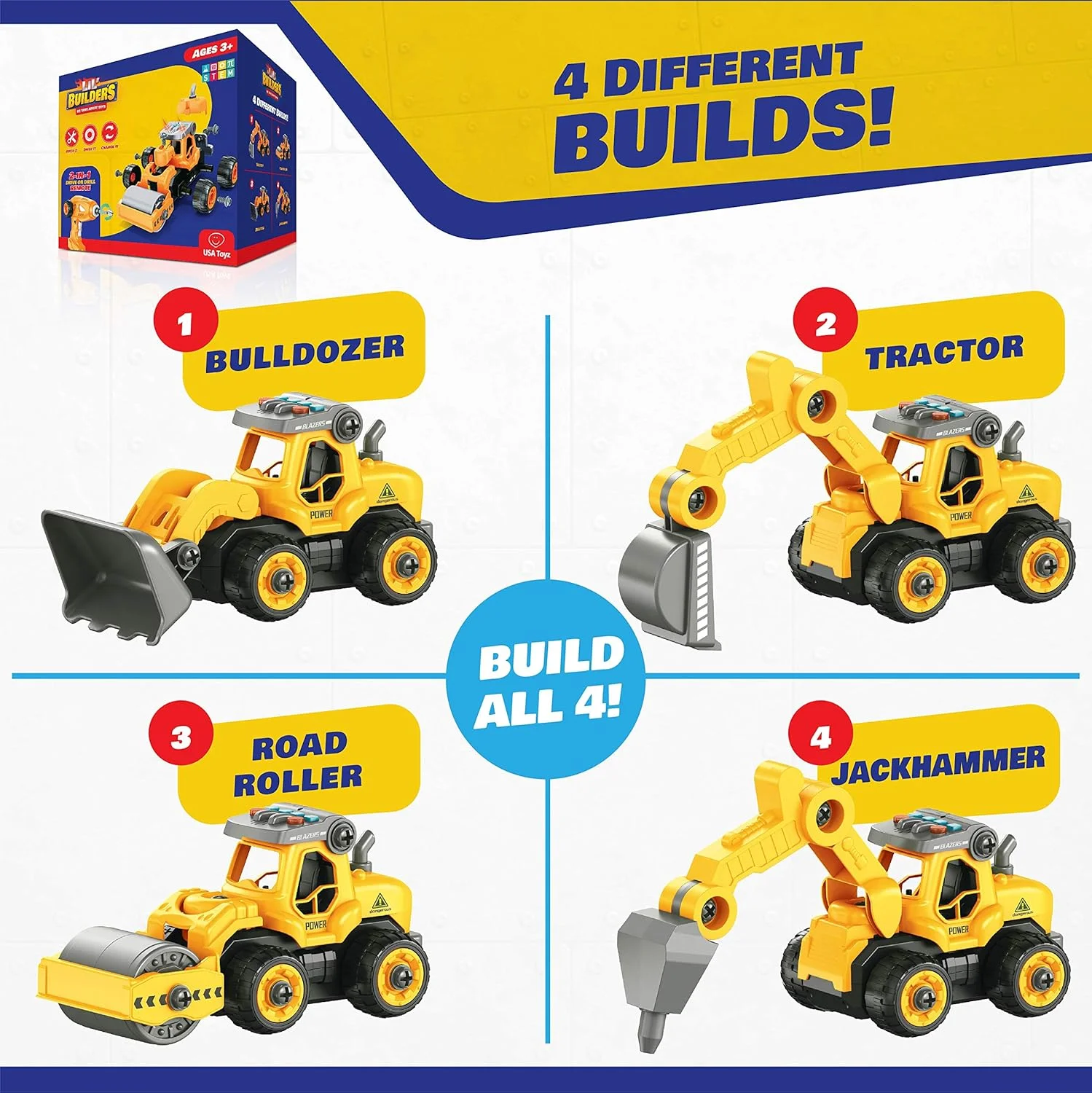 اسباب بازی ساختنی USA Toyz Lil Builders - کامیون 4 در 1 با دریل، 34 قطعه اسباب بازی ساخت وسایل نقلیه STEM با کنترل از راه دور