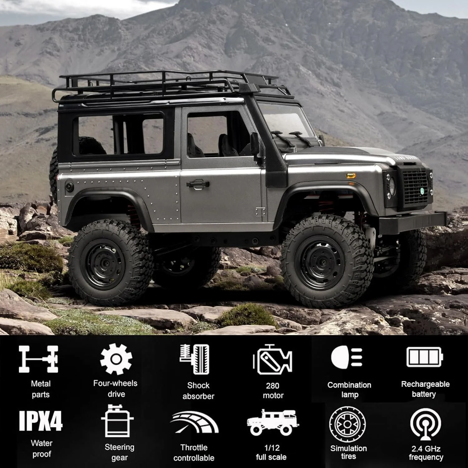 ماشین کنترلی صخره نورد آفرود لندرور دیفندر ۹۰، مقیاس ۱/۱۲، با کنترل از راه دور، مناسب برای افراد بالای ۱۶ سال
