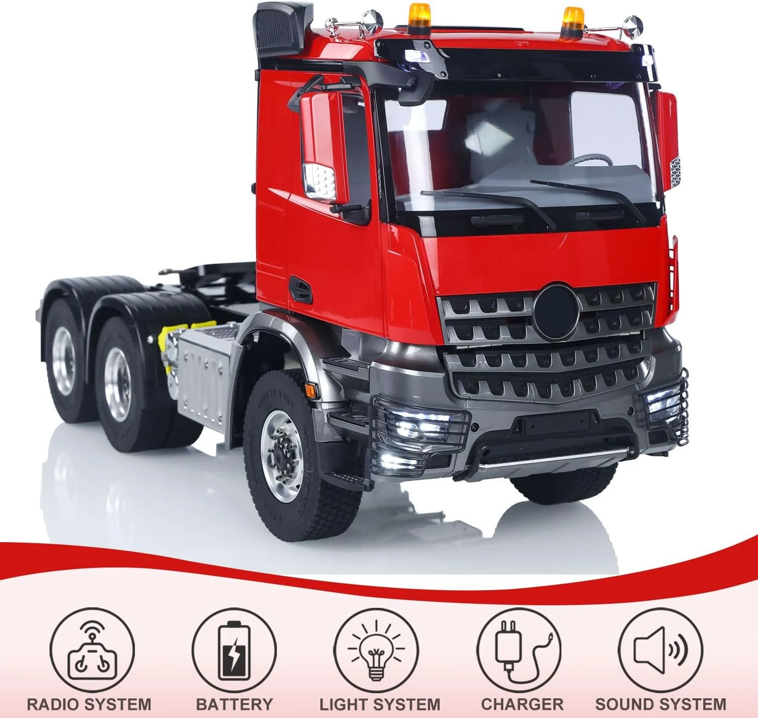 تراکتور آرسی 6 چرخ متحرک مقیاس 1/14، مدل کامیون با نور و صدا، شاسی فلزی، بدون قفل دیفرانسیل، گیربکس 2 سرعته، مناسب برای مدل های سرگرمی بزرگسالان