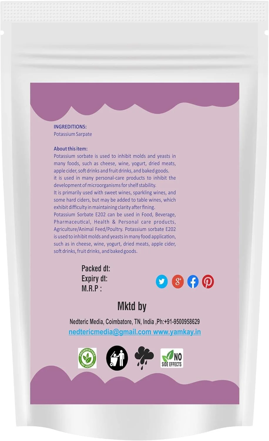 سوربات پتاسیم/نمک پتاسیم اسید سوربیک، 250 گرم