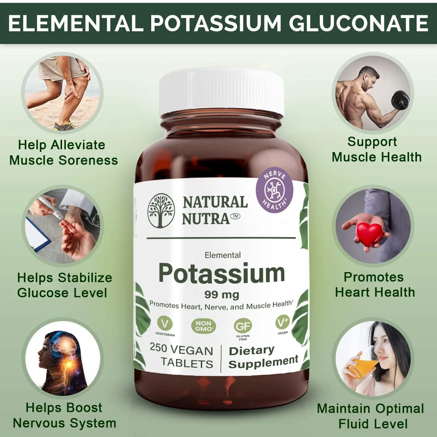 مکمل غذایی گلوکونات پتاسیم المنتال نچرال نوترا 99 میلی گرم - تقویت انرژی، کمک به تقویت سیستم عصبی، کمک به سلامت قلب، تنظیم مواد معدنی، عملکرد عضلات - 250 قرص گیاهی