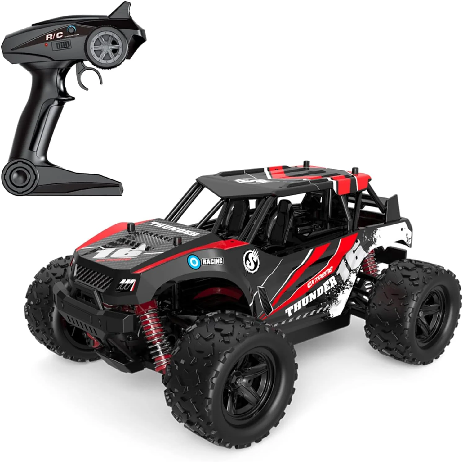 ماشین کنترلی 1/18 2.4 گیگاهرتز با سرعت بالا 30 کیلومتر در ساعت، کامیون های آفرود تمام زمینی 4WD، ماشین مسابقه ای صخره نوردی با مقیاس کامل، هدیه برای کودکان و بزرگسالان، 3 باتری