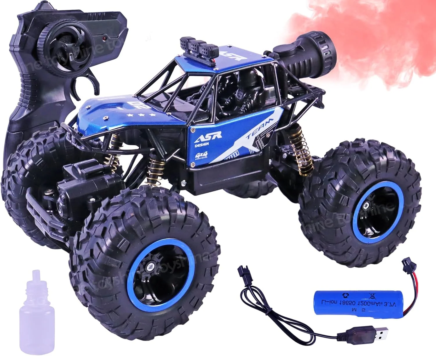 ماشین کنترلی صخره نورد آفرود مقیاس 1:16 Toyshine، دو دیفرانسیل، فرکانس 2.4 گیگاهرتز، با قابلیت شارژ، بدنه آلیاژی، دارای عملکرد اسپری تقویتی و باتری با طول عمر بالا، مناسب کودکان و بزرگسالان - آبی