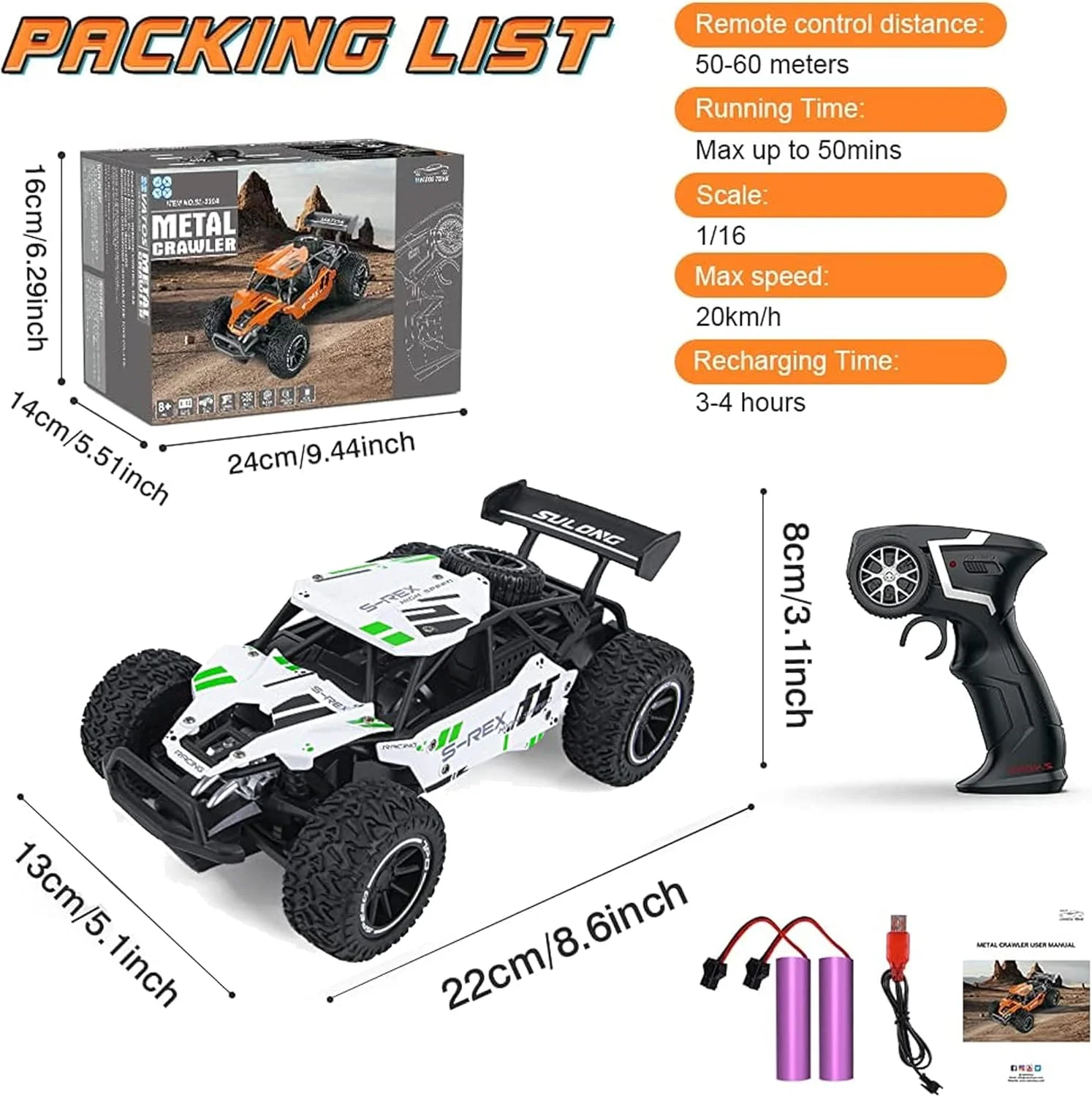 ماشین کنترلی سریع ۱:۱۶ | کامیون هیولا آفرود ۲.۴ گیگاهرتز، باگی دو چرخ متحرک ۲۰ کیلومتر بر ساعت | ماشین اسباب بازی الکتریکی آرسی با دو باتری برای پسران و دختران (سفید)