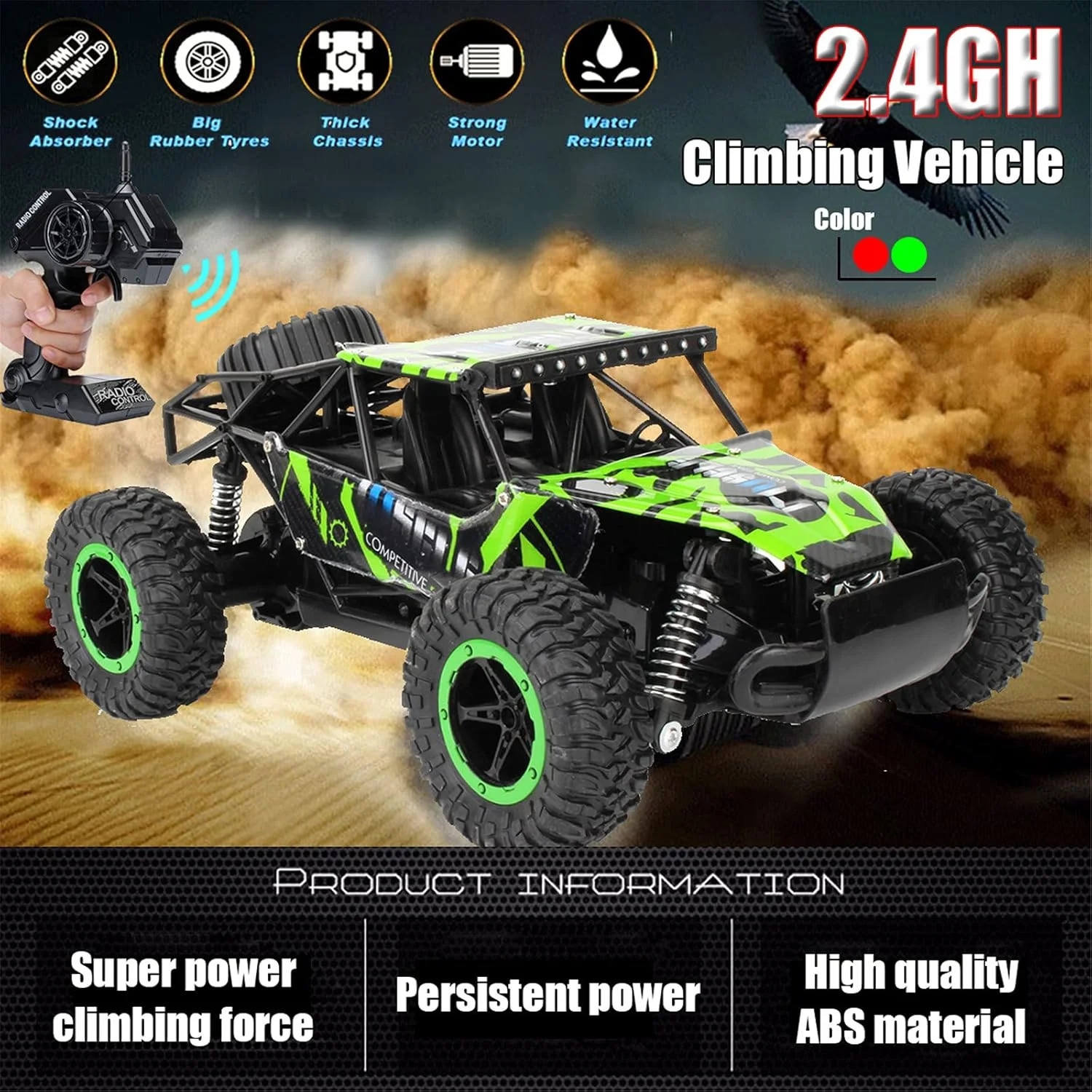 ماشین آرسی صخره نوردی 2.4 گیگاهرتز، ماشین های هیولا بیگ فوت با موتورهای دوتایی، اسباب بازی های برتر آفرود با کنترل از راه دور برای پسران، سبز