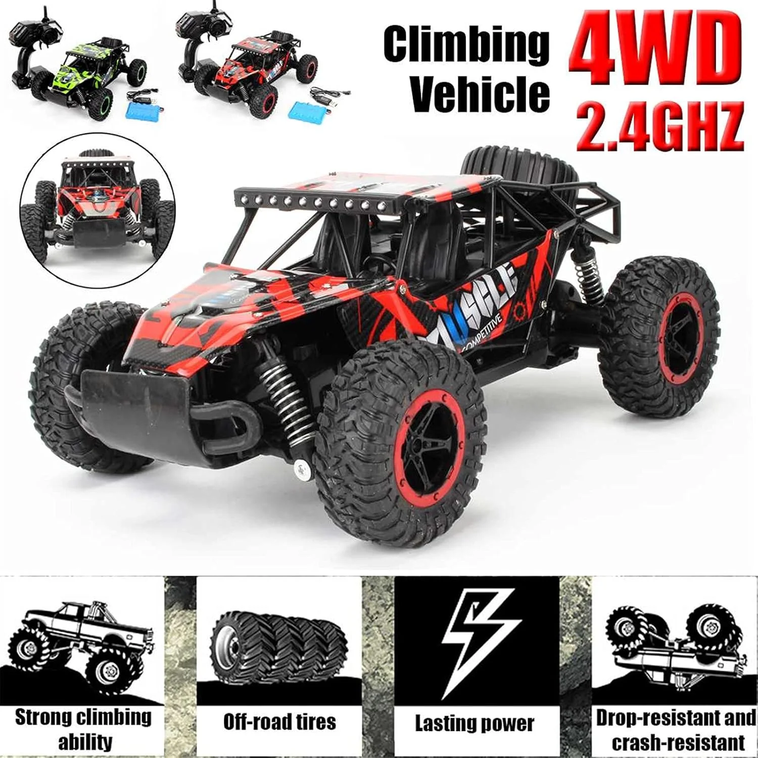 ماشین آرسی صخره نوردی 2.4 گیگاهرتز، ماشین های هیولا بیگ فوت با موتورهای دوتایی، اسباب بازی های برتر آفرود با کنترل از راه دور برای پسران، سبز