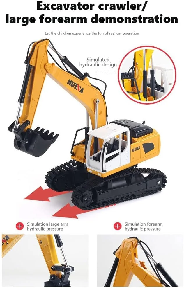 اسباب بازی بیل مکانیکی کنترلی 6 کاناله برای پسران برای سرگرمی طولانی مدت - اسباب بازی های ماشین ساختمانی RC بیل مکانیکی 1/24 - اسباب بازی های ساختمانی واقعی - بهترین هدیه برای کودکان 3-7 ساله