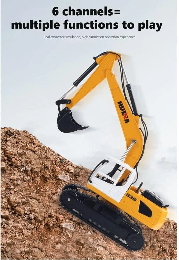 اسباب بازی بیل مکانیکی کنترلی 6 کاناله برای پسران برای سرگرمی طولانی مدت - اسباب بازی های ماشین ساختمانی RC بیل مکانیکی 1/24 - اسباب بازی های ساختمانی واقعی - بهترین هدیه برای کودکان 3-7 ساله