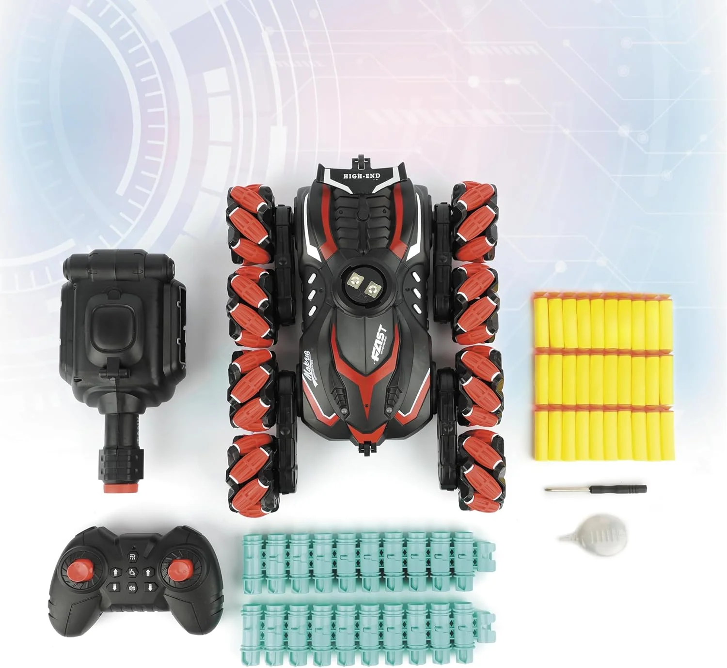 ماشین تانکیست کنترلی چرخان 360 درجه با چراغ های LED و پرتابگر دارت فومی - ماشین آفرود پرسرعت برای کودکان