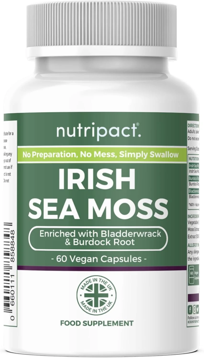 کپسول های خزه دریایی ایرلندی نوتریپکت - 2000 میلی گرم در هر کپسول (نه قرص) - فرمول یک بار در روز با قدرت بالا - برداشت وحشی - منبع طبیعی ید - کندروس کریسپوس - 60 کپسول گیاهی - ساخت