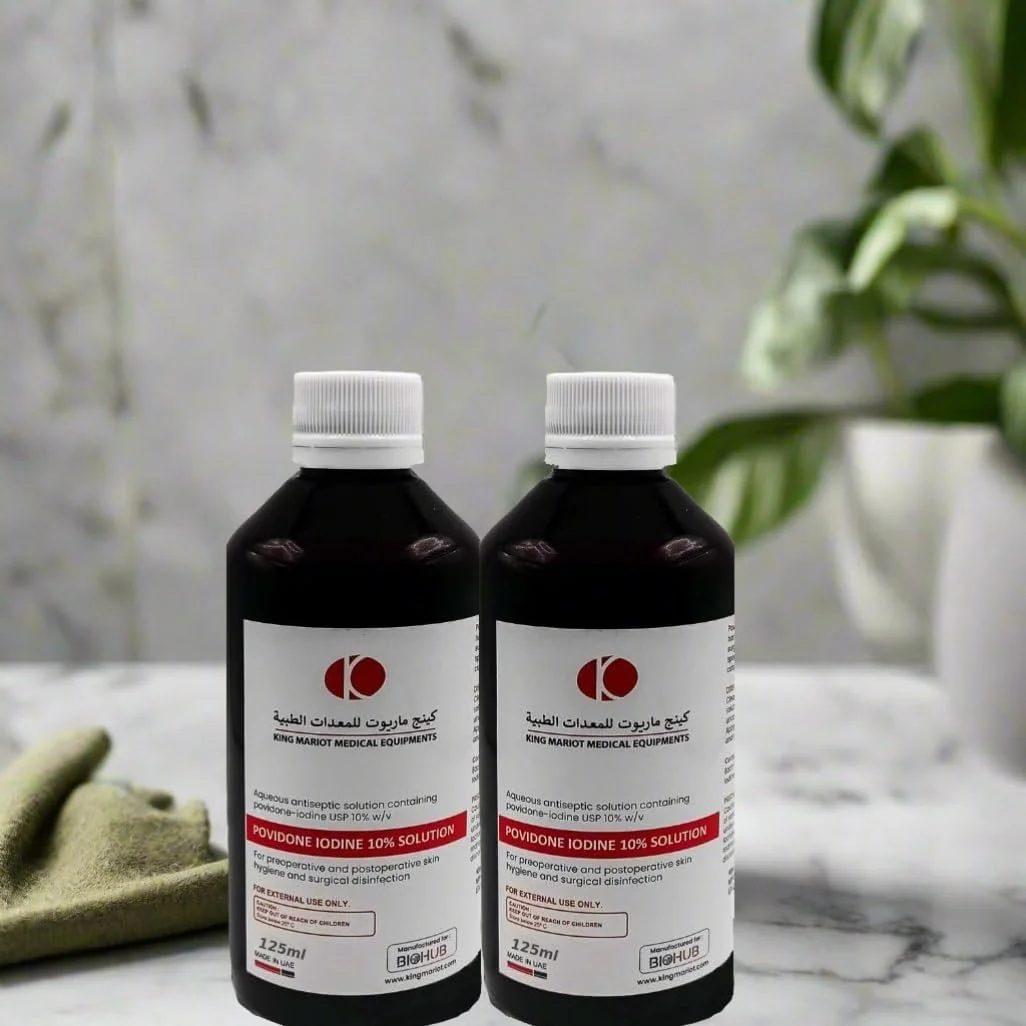 محلول پوویدون آیوداین 10% تجهیزات پزشکی کینگ ماریوت | 125 میلی لیتر | ضد عفونی کننده آبی برای ضدعفونی پوست قبل و بعد از عمل | ایده آل برای کاربردهای بهداشتی و جراحی (2 عدد)