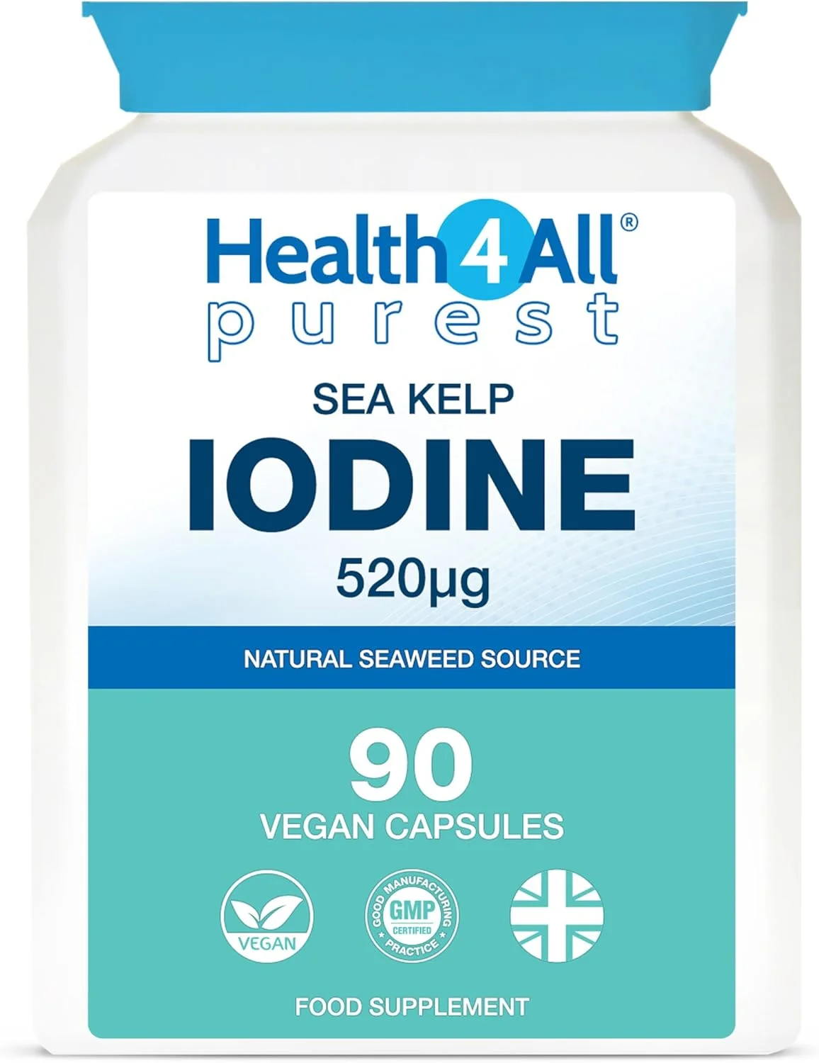 کپسول های جلبک دریایی Health4All حاوی ید، 90 عدد (مناسب گیاهخواران). دوز بالا: 520 میکروگرم ید در هر کپسول. خالص ترین: بدون افزودنی. مکمل ید طبیعی