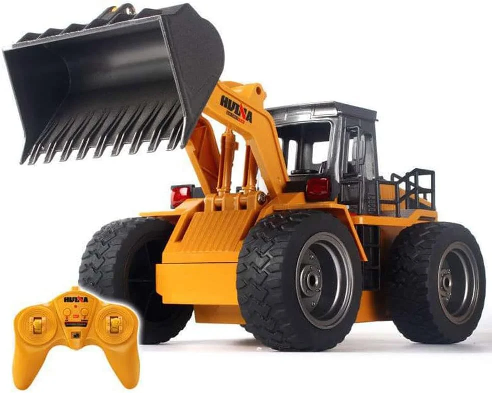 اسباب بازی ماشین بولدوزر کنترلی، کامیون های آرسی سرگرمی مقیاس 1:18 با چراغ، ماشین مهندسی آرسی لودر جلو 4WD برای پسران و کودکان 4 تا 15 سال