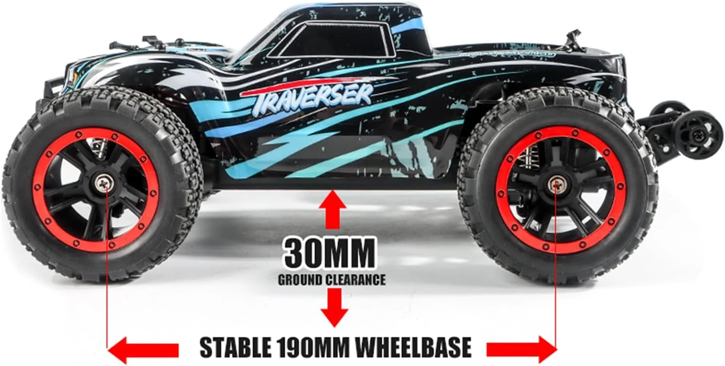 ماشین کنترلی، کامیون کنترلی 4WD 2.4GHz با مقیاس 1:14 با سرعت 40 کیلومتر در ساعت، اسباب بازی ماشین آفرود پرسرعت با موتور براش و چراغ های جلوی LED، دارای 2 باتری