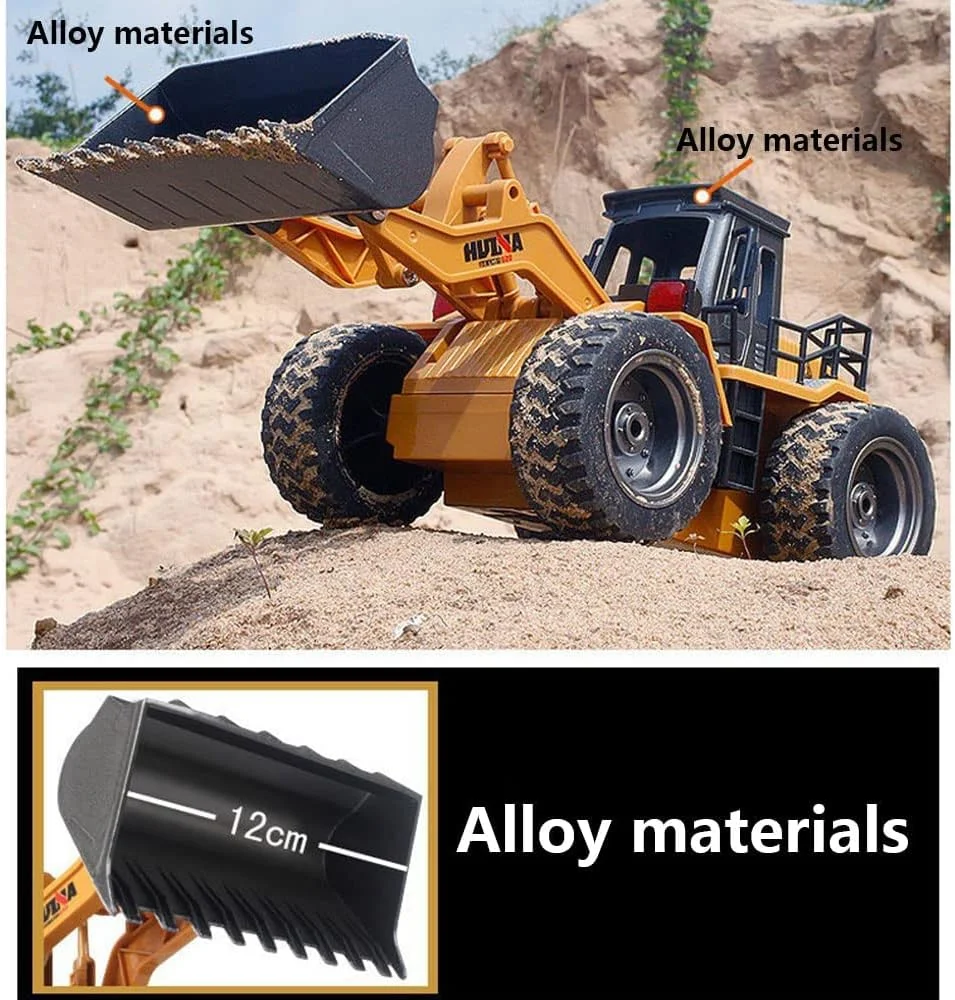 اسباب بازی ماشین بولدوزر کنترلی، کامیون های آرسی سرگرمی مقیاس 1:18 با چراغ، ماشین مهندسی آرسی لودر جلو 4WD برای پسران و کودکان 4 تا 15 سال