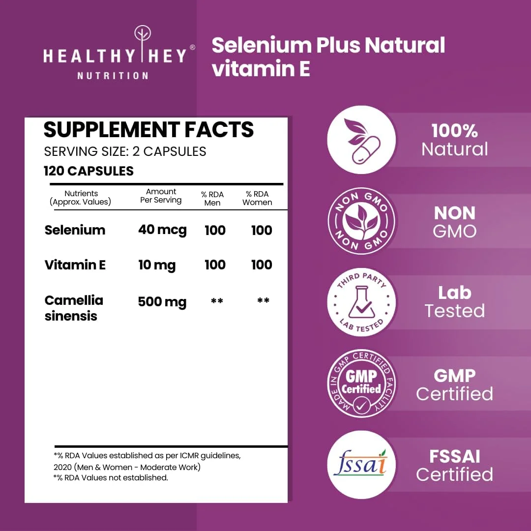 هلثی هی نوتریشن سلنیوم و ویتامین ای طبیعی + چای سبز، پشتیبانی از سلامت سیستم ایمنی - 120 کپسول گیاهی هلثی هی نوتریشن سلنیوم و ویتامین ای طبیعی + چای سبز، پشتیبانی از سلامت سیستم ایمنی - 120 کپسول گیاهی