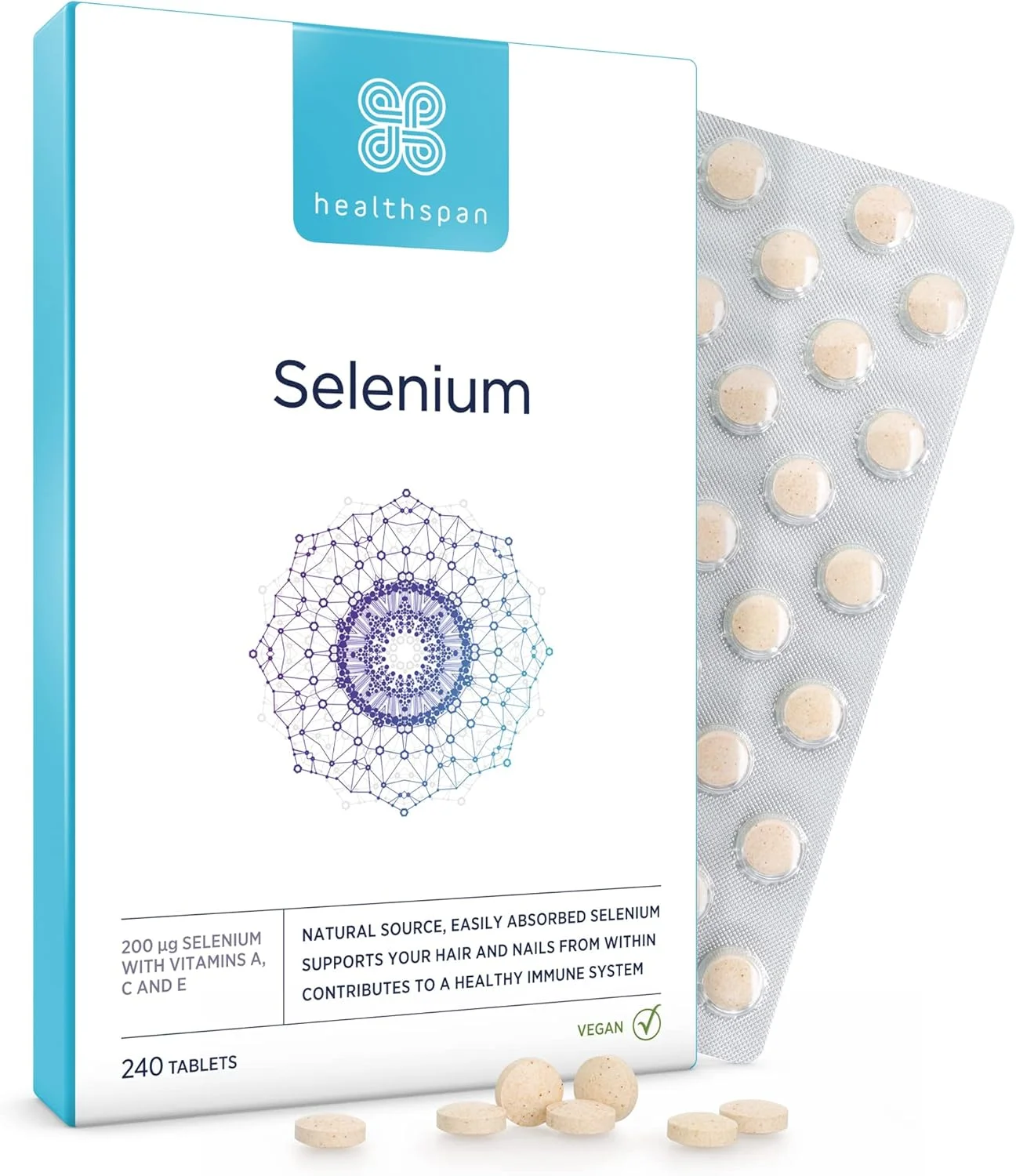 سلنیوم هلث اسپن | 240 قرص | جذب بسیار بالا | حاوی ویتامین C، A و E | سلامت مو، ناخن و پوست | مناسب گیاهخواران