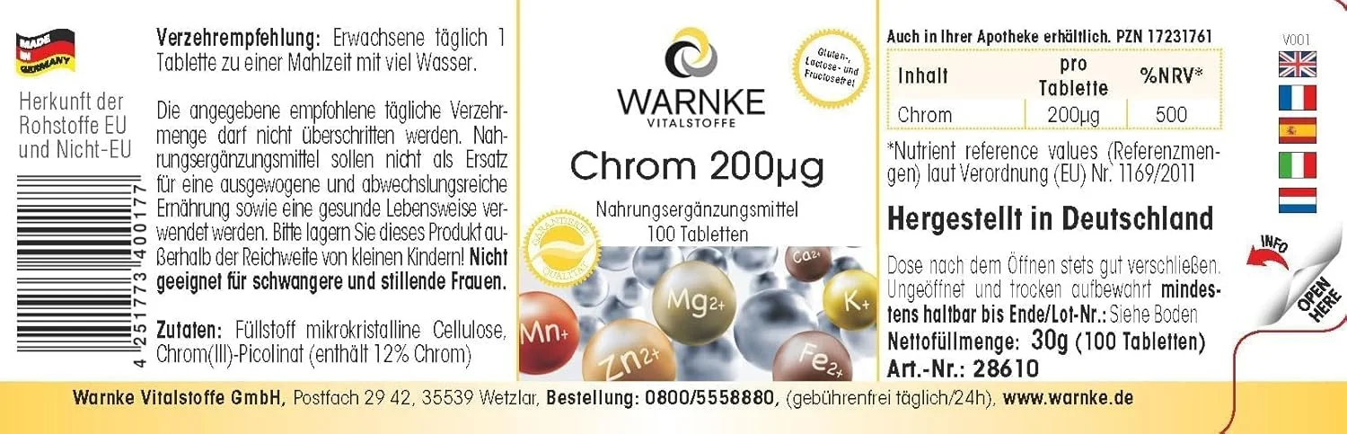 کرومیوم ۲۰۰ میکروگرم - ۱۰۰ عدد قرص پیکولینات کرومیوم برای ۱۰۰ روز - مکمل غذایی - با دوز بالا - ویگن | Warnke Vitalstoffe - کیفیت داروخانه آلمانی کرومیوم ۲۰۰ میکروگرم - ۱۰۰ عدد قرص پیکولینات کرومیوم برای ۱۰۰ روز - مکمل غذایی - با دوز بالا - ویگن | Warnke Vitalstoffe - کیفیت داروخانه آلمانی