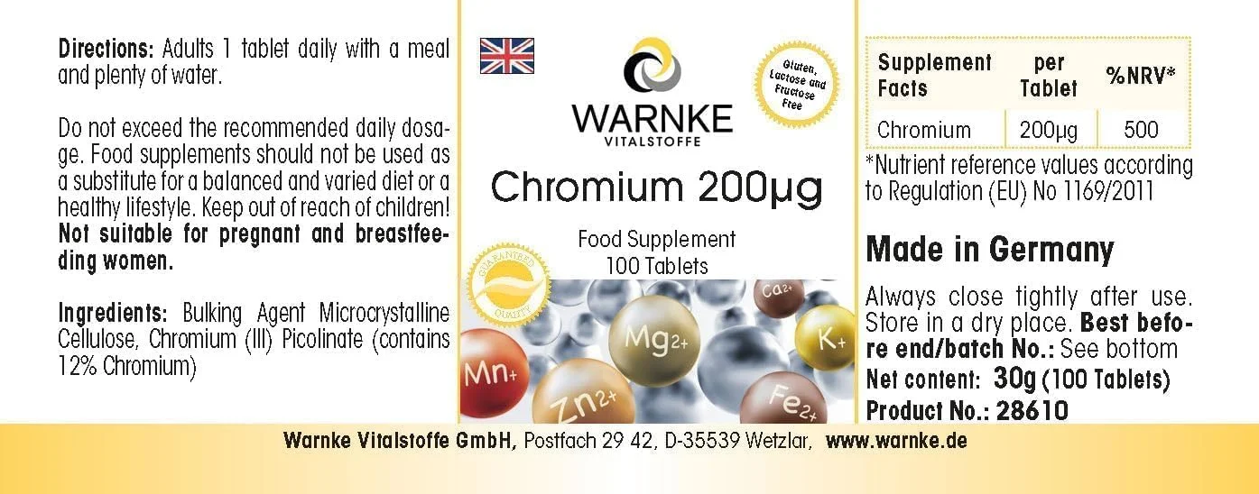 کرومیوم ۲۰۰ میکروگرم - ۱۰۰ عدد قرص پیکولینات کرومیوم برای ۱۰۰ روز - مکمل غذایی - با دوز بالا - ویگن | Warnke Vitalstoffe - کیفیت داروخانه آلمانی کرومیوم ۲۰۰ میکروگرم - ۱۰۰ عدد قرص پیکولینات کرومیوم برای ۱۰۰ روز - مکمل غذایی - با دوز بالا - ویگن | Warnke Vitalstoffe - کیفیت داروخانه آلمانی