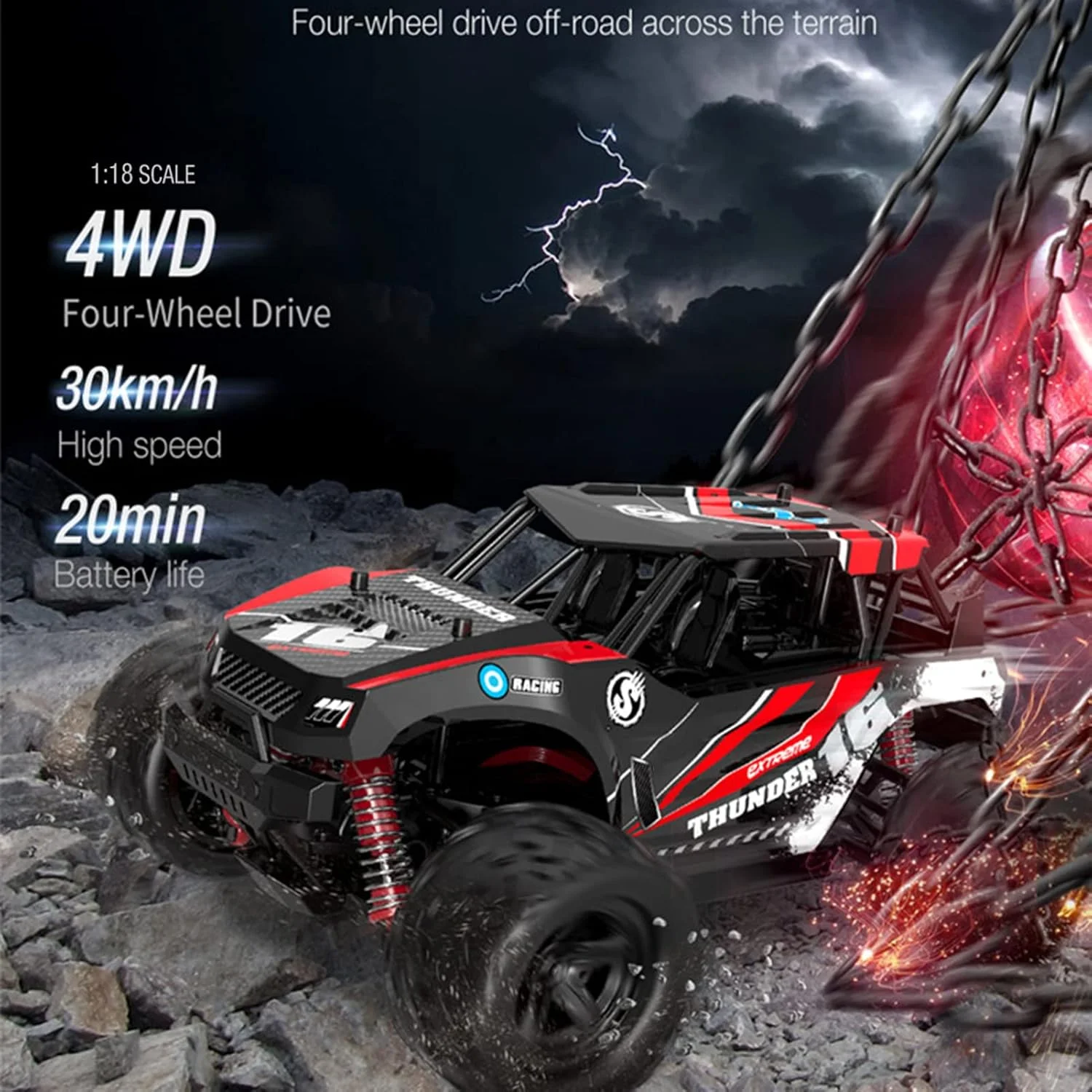 ماشین کنترلی OUNA مقیاس 1/18 2.4GHz سرعت بالا 30 کیلومتر در ساعت، مناسب تمام سطوح، کامیون آفرود 4WD مسابقه ای و صخره نوردی، هدیه ای برای کودکان و بزرگسالان، 3 باتری