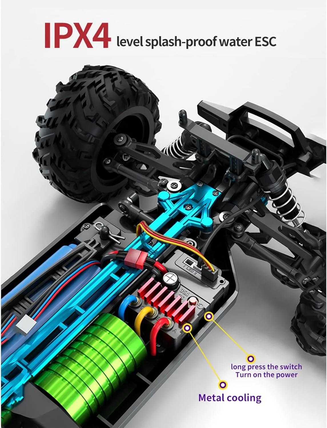 ماشین کنترلی آفرود OUNA با سرعت 70 کیلومتر بر ساعت، مقیاس 1/16، موتور براشلس، چراغ LED، چهار چرخ متحرک، مناسب مسابقه و صخره نوردی، هدیه ای برای کودکان و بزرگسالان