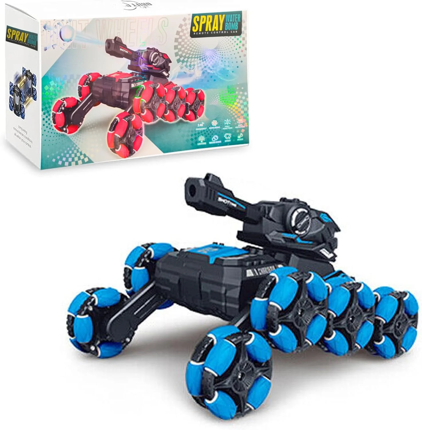 تانک تیرانداز توپ ژله ای کنترلی VersaMarts با قابلیت رانندگی 8 چرخ و انجام حرکات نمایشی - اسباب بازی کنترلی 2.4G برای پسران 8-14+ (آبی)