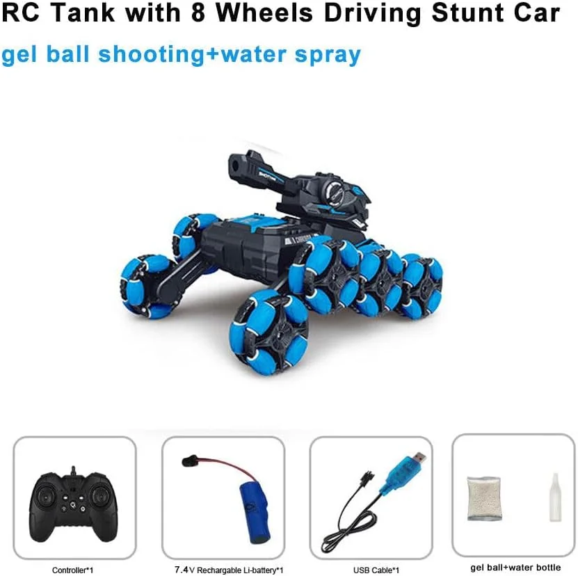 تانک تیرانداز توپ ژله ای کنترلی VersaMarts با قابلیت رانندگی 8 چرخ و انجام حرکات نمایشی - اسباب بازی کنترلی 2.4G برای پسران 8-14+ (آبی)