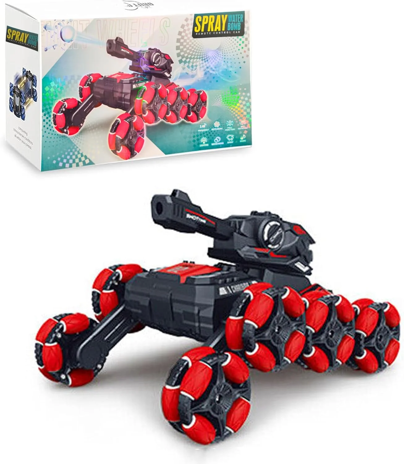 تانک تیرانداز توپ ژله‌ای کنترلی VersaMarts با قابلیت رانندگی 8 چرخ و انجام حرکات نمایشی - اسباب بازی کنترلی 2.4G برای پسران 8-14+ (قرمز)