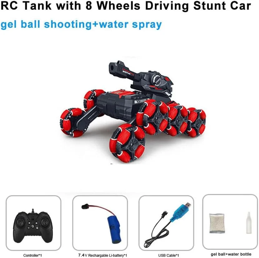 تانک تیرانداز توپ ژله‌ای کنترلی VersaMarts با قابلیت رانندگی 8 چرخ و انجام حرکات نمایشی - اسباب بازی کنترلی 2.4G برای پسران 8-14+ (قرمز)