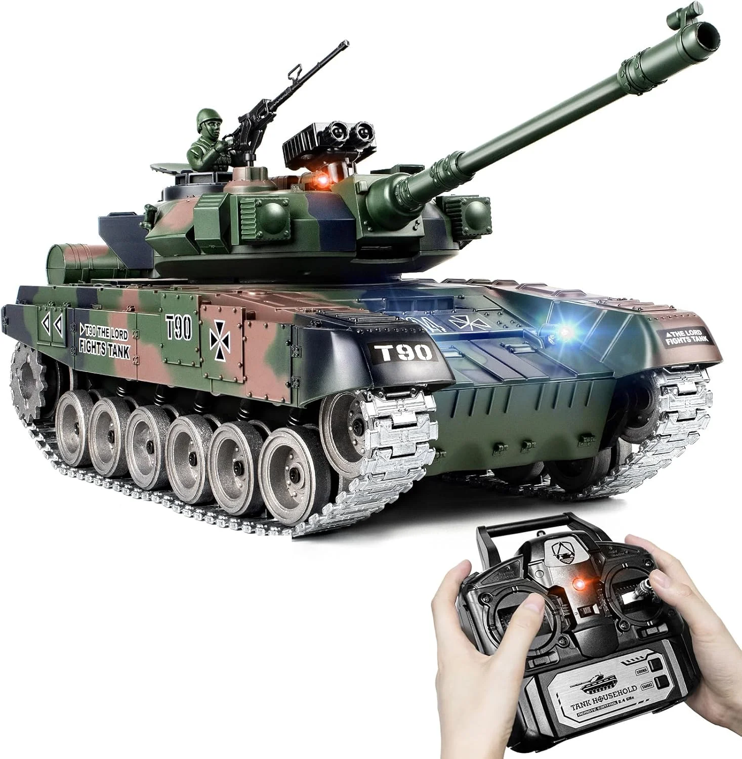 تانک کنترلی، مدل تانک ارتشی فلزی آلیاژی RUS T-90 در مقیاس 1:18، تانک نظامی 2.4 گیگاهرتزی با دود، صدا و چراغ، وسیله نقلیه کنترلی که گلوله و بمب آبی شلیک می کند برای بزرگسالان و کودکان