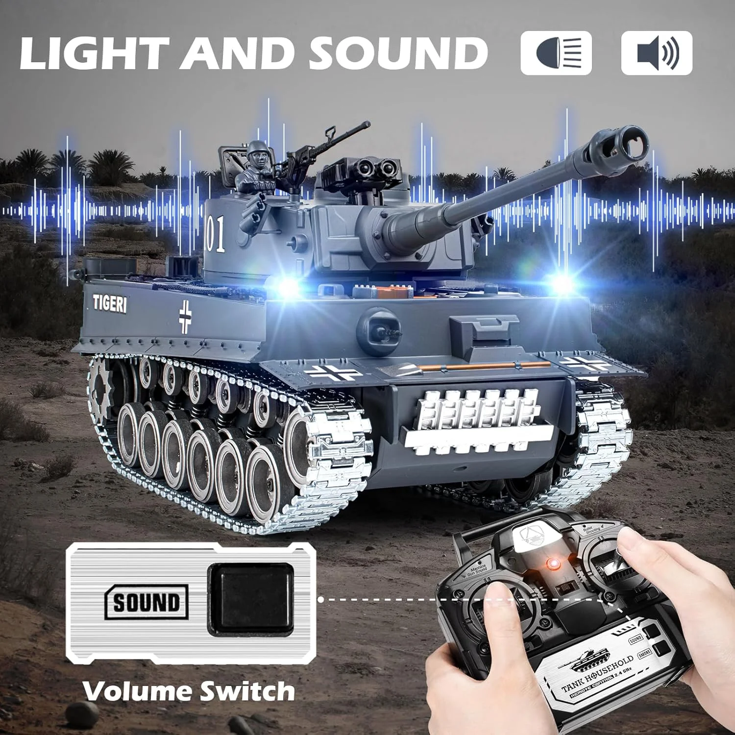 تانک کنترلی، مدل فلزی آلیاژی تایگر آلمانی I، مقیاس 1:18، اسباب بازی مدل ارتش با کنترل از راه دور 2.4 گیگاهرتز، وسیله نقلیه کنترلی با دود، صدا و چراغ