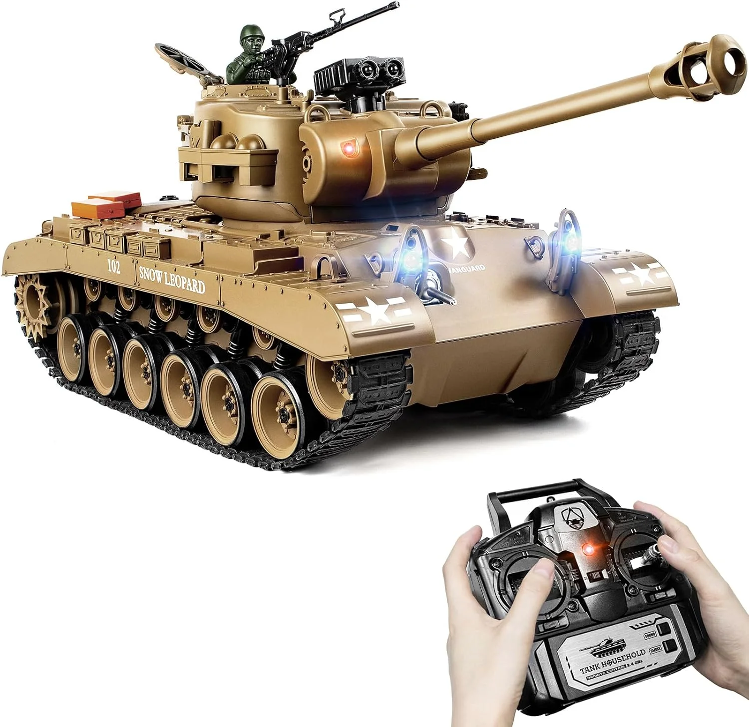 تانک آرسی مقیاس 1:18، مدل کنترل از راه دور M26 پرشینگ 2.4 گیگاهرتز، تانک نظامی آرسی که گلوله و بمب آبی شلیک می کند، اسباب بازی نظامی برای بزرگسالان و کودکان به همراه دود، چراغ، صدا و لگد