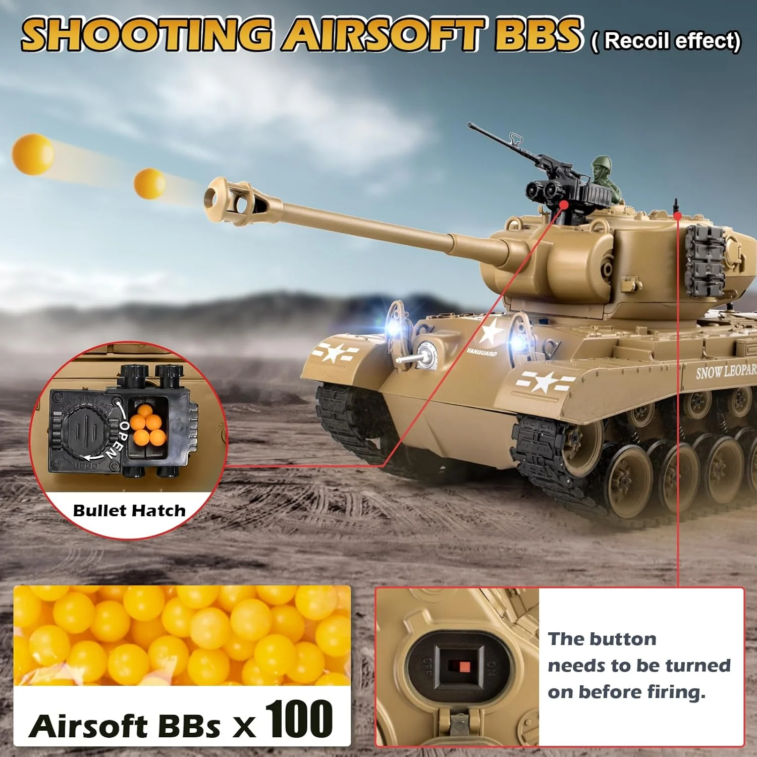 تانک آرسی مقیاس 1:18، مدل کنترل از راه دور M26 پرشینگ 2.4 گیگاهرتز، تانک نظامی آرسی که گلوله و بمب آبی شلیک می کند، اسباب بازی نظامی برای بزرگسالان و کودکان به همراه دود، چراغ، صدا و لگد