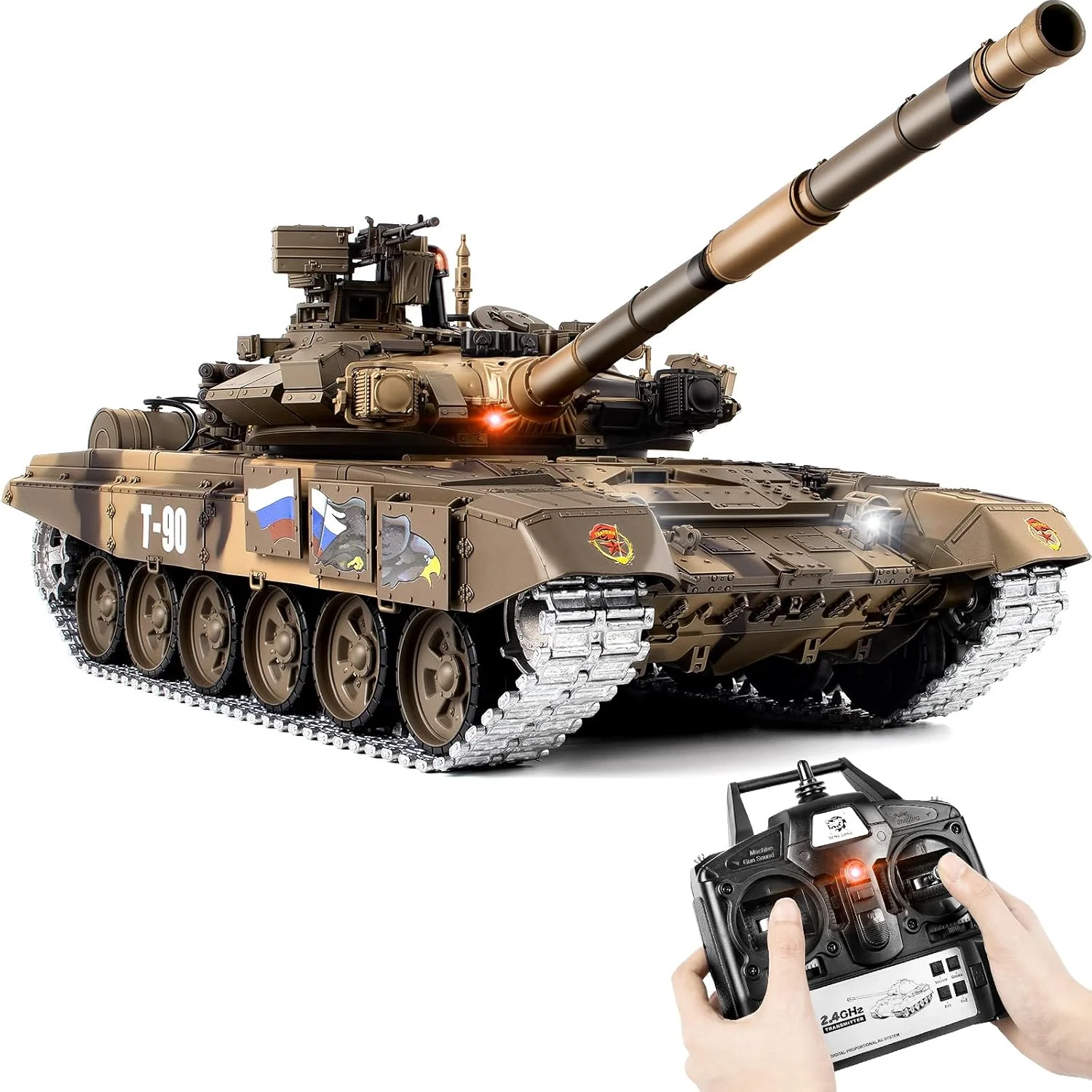تانک کنترلی 1/16، اسباب بازی تانک ارتشی T90 هنگ لانگ روسی با دود، صدا و نور، تانک کنترل از راه دور 2.4G که شلیک می کند با زنجیر فلزی ارتقا یافته، چرخ دنده هرزگرد و چرخ زنجیر، جعبه دنده فولادی، باتری*2