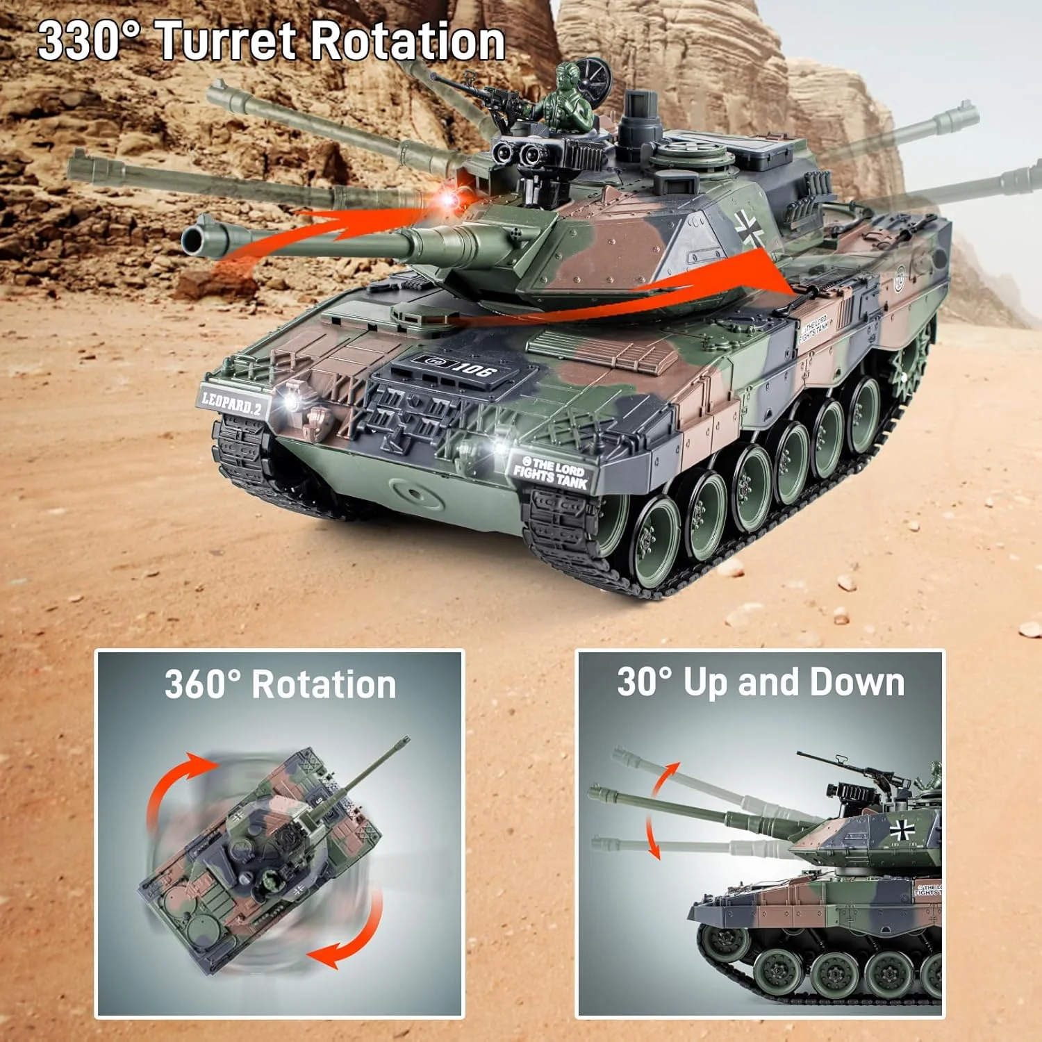 تانک کنترلی 1:18، مدل تانک جنگی آلمانی لئوپارد 2 با کنترل از راه دور 2.4 گیگاهرتز، 15 کانال با نور، صدا و دود، اسباب بازی نظامی برای بزرگسالان و کودکان که تیر پرتاب می کند